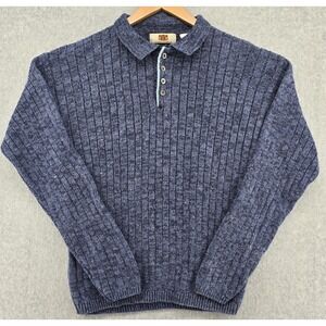 Vtg Route 66 Sweater Men M Blue Ribbed Pullover Button Fitted Collar Y2K Grandpa